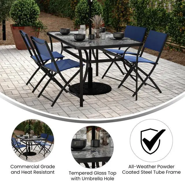 Alt view image 3 of 7 - Flash Furniture Tory Rectangle Patio Table with Umbrella Hole, Commercial All-Weather Table with Heat Resistant Tempered Glass, Steel Tube Frame, 35x 59, Black