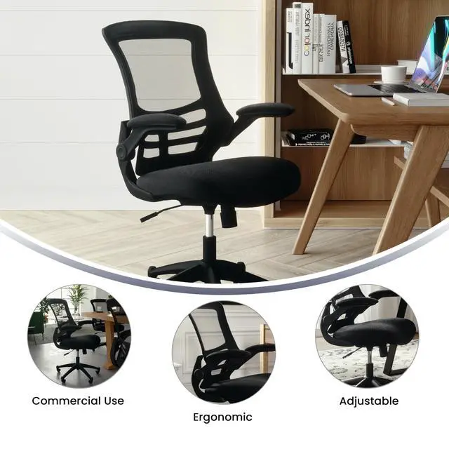 Alt view image 4 of 7 - Kelista Mid-Back Swivel Office Chair with Adjustable Seat Height, Ergonomic Mesh Desk Chair with Flip-Up Armrests, Black