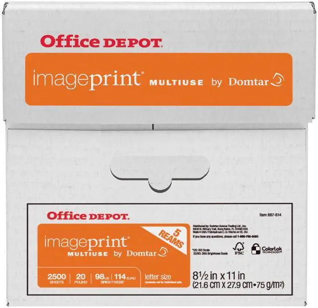 Alt view image 5 of 7 - Office Depot ImagePrint FSC Certified Multiuse Paper by Domtar, 8 1/2in x 11in, 20 Lb, White, 500 Sheets Per Ream, Case Of 5 Reams, 1914