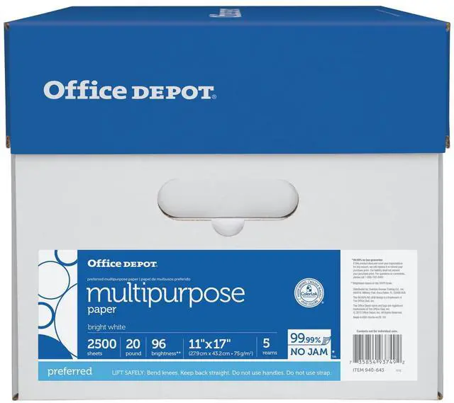 Alt view image 6 of 7 - Office Depot Extra Bright Copy Paper, 11in. x 17in., 20 Lb., 90 Brightness, Case Of 5 Reams