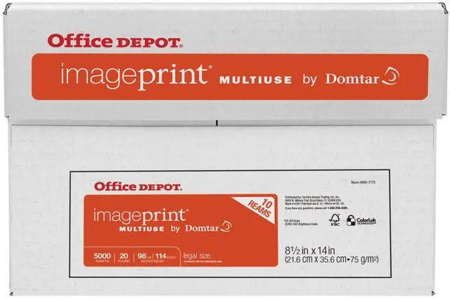 Alt view image 9 of 12 - Office Depot ImagePrint FSC Certified Multiuse Paper by Domtar, 8 1/2in x 14in, 20 Lb, White, 500 Sheets Per Ream, Case Of 10 Reams, 1836