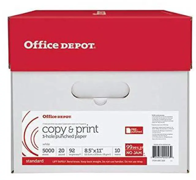 Alt view image 4 of 4 - Office Depot(R) White Copy Paper, 3-Hole Punched, 8 1/2" x 11", 20 Lb., 84 Brightness, Case Of 10 Reams