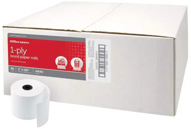 Main image of Office Depot Single-Ply Paper Rolls, 3in. x 150ft., White, Carton Of 50, 554045
