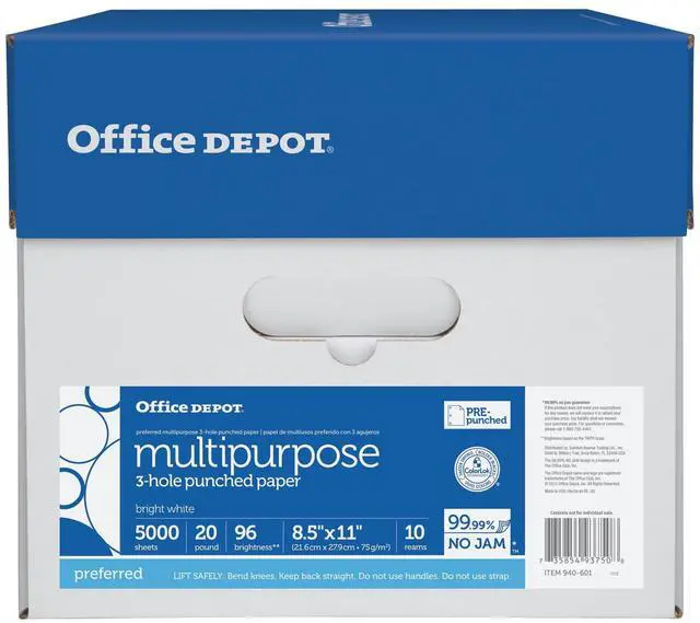 Alt view image 10 of 11 - Office Depot® Brand Multipurpose Paper, 3-Hole Punched, Letter Size, 96 Brightness, 20 Lb, 500 Sheets Per Ream, Case Of 10 Reams