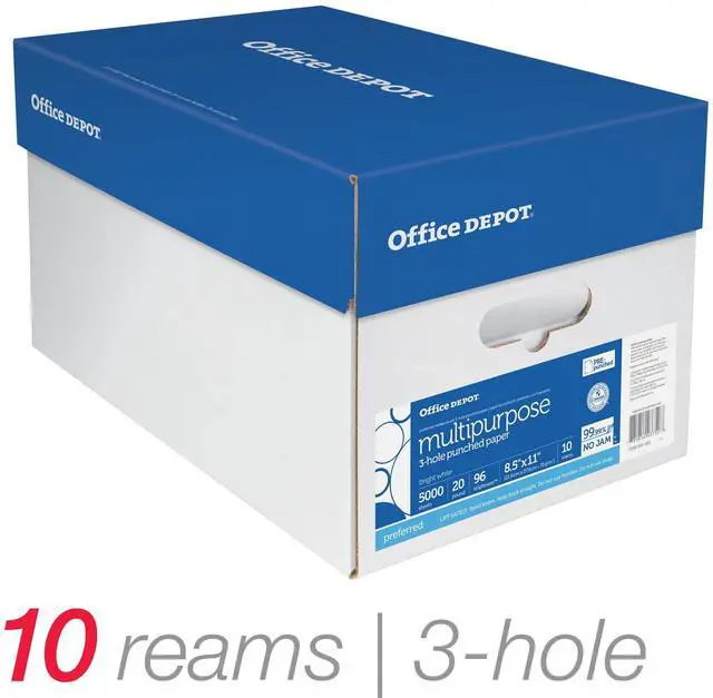 Alt view image 11 of 11 - Office Depot® Brand Multipurpose Paper, 3-Hole Punched, Letter Size, 96 Brightness, 20 Lb, 500 Sheets Per Ream, Case Of 10 Reams