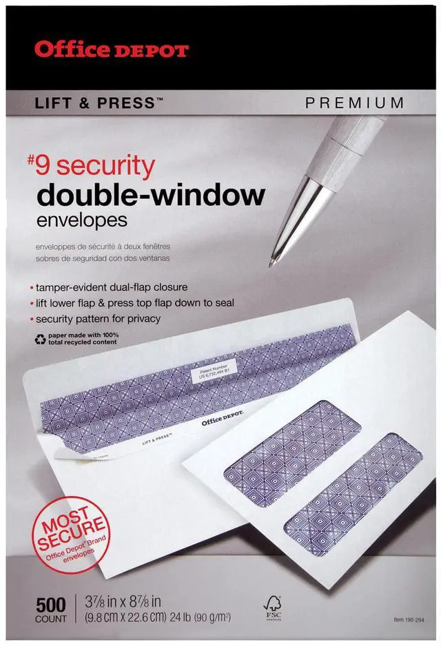 Alt view image 5 of 6 - Office Depot 100% Recycled Lift Press(TM) Double-Window Envelopes, #9 (3 7/8in. x 8 7/8in.), White, Pack Of 500, 76169