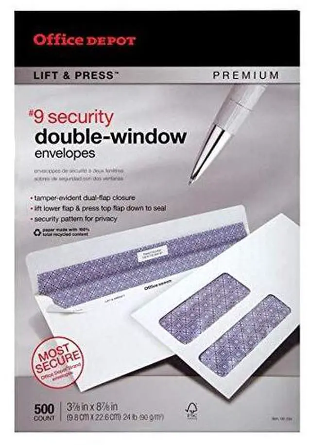Alt view image 6 of 6 - Office Depot 100% Recycled Lift Press(TM) Double-Window Envelopes, #9 (3 7/8in. x 8 7/8in.), White, Pack Of 500, 76169