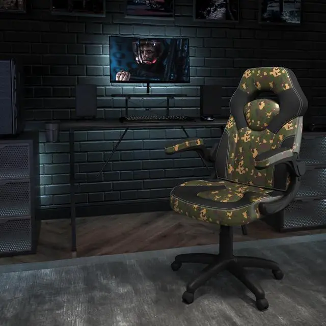 Alt view image 8 of 14 - Black Gaming Desk and Camouflage/Black Racing Chair Set with Cup Holder, Headphone Hook, and Monitor/Smartphone Stand