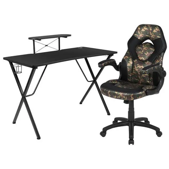 Alt view image 9 of 14 - Black Gaming Desk and Camouflage/Black Racing Chair Set with Cup Holder, Headphone Hook, and Monitor/Smartphone Stand