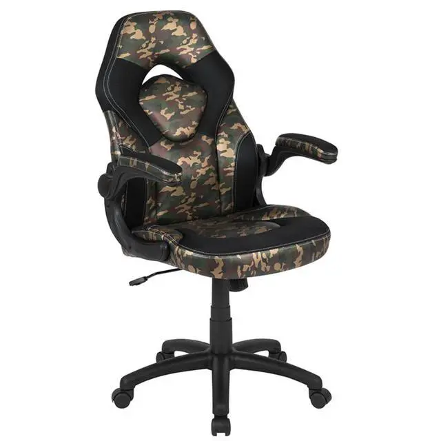Alt view image 12 of 14 - Black Gaming Desk and Camouflage/Black Racing Chair Set with Cup Holder, Headphone Hook, and Monitor/Smartphone Stand