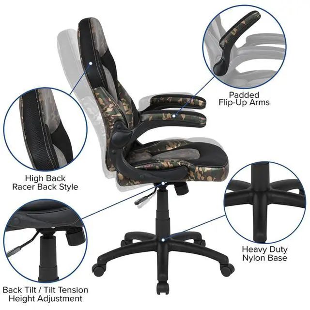 Alt view image 14 of 14 - Black Gaming Desk and Camouflage/Black Racing Chair Set with Cup Holder, Headphone Hook, and Monitor/Smartphone Stand