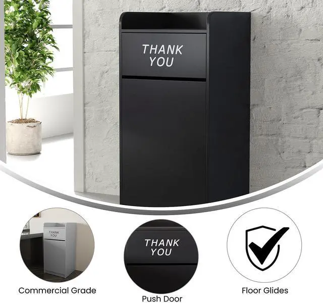 Alt view image 3 of 7 - Flash Furniture Sony Laminate Wood Commercial-Grade Trash Receptacle with Tray Top, Wooden Restaurant Trash Can Cabinet and Garbage Receptacle, Black