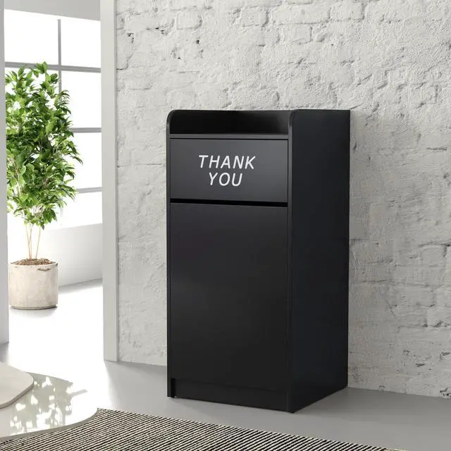 Alt view image 2 of 7 - Flash Furniture Sony Laminate Wood Commercial-Grade Trash Receptacle with Tray Top, Wooden Restaurant Trash Can Cabinet and Garbage Receptacle, Black