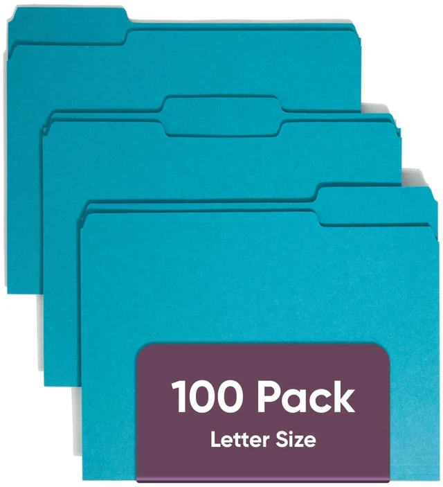 Main image of Standard File Folders, 100 Count, Teal, 1/3-Cut Tabs, Letter Size (13143)