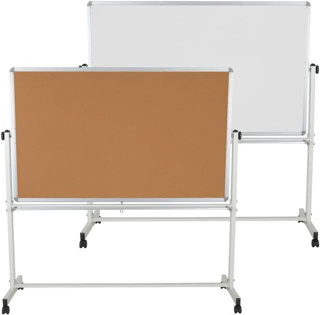 Alt view image 2 of 7 - 64.25" W x 64.75" H Reversible Mobile Cork Bulletin Board and White Board with Pen Tray