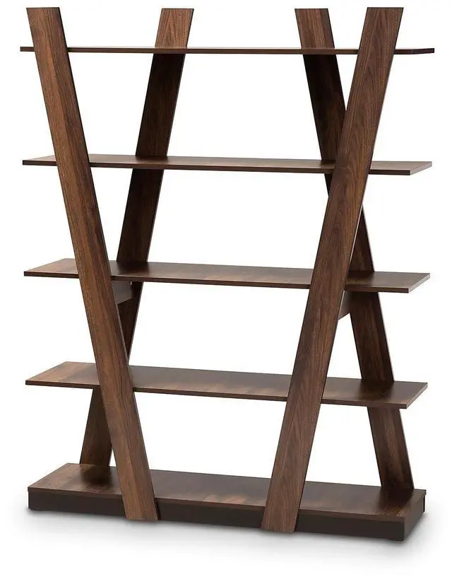 Alt view image 13 of 19 - Baxton Studio Michio Modern and Contemporary Walnut Brown Finished 5-Tier Wood Geometric Living Room Display Shelf