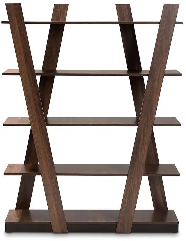 Alt view image 14 of 19 - Baxton Studio Michio Modern and Contemporary Walnut Brown Finished 5-Tier Wood Geometric Living Room Display Shelf