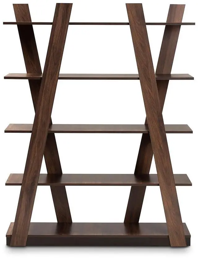 Alt view image 16 of 19 - Baxton Studio Michio Modern and Contemporary Walnut Brown Finished 5-Tier Wood Geometric Living Room Display Shelf