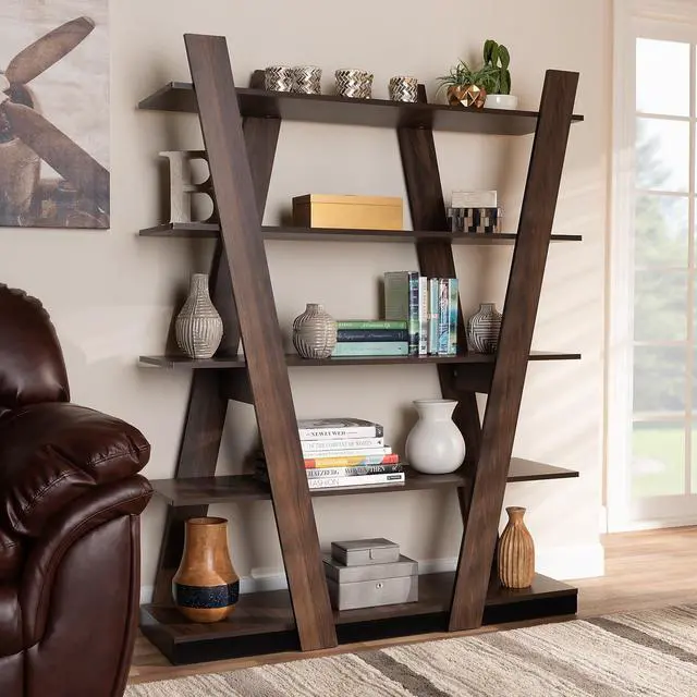 Alt view image 18 of 19 - Baxton Studio Michio Modern and Contemporary Walnut Brown Finished 5-Tier Wood Geometric Living Room Display Shelf