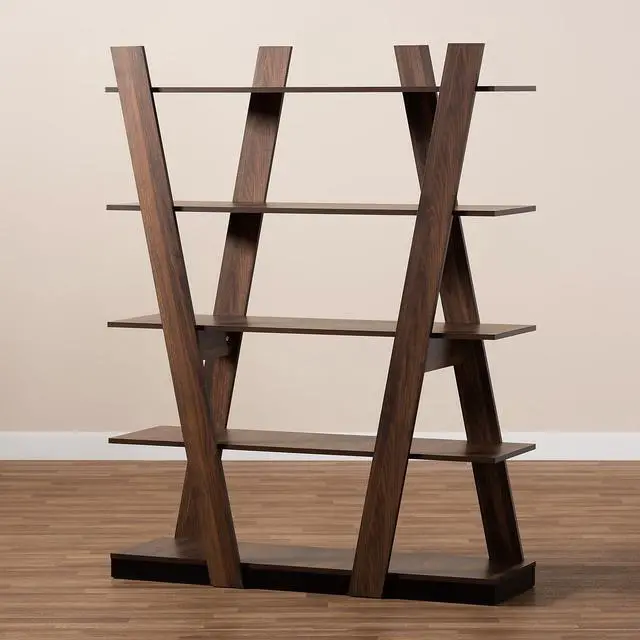 Alt view image 19 of 19 - Baxton Studio Michio Modern and Contemporary Walnut Brown Finished 5-Tier Wood Geometric Living Room Display Shelf