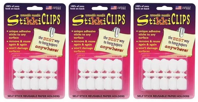 Main image of StikkiWorks StikkiCLIPS Adhesive Clips, White, 30 Per Pack, 3 Packs