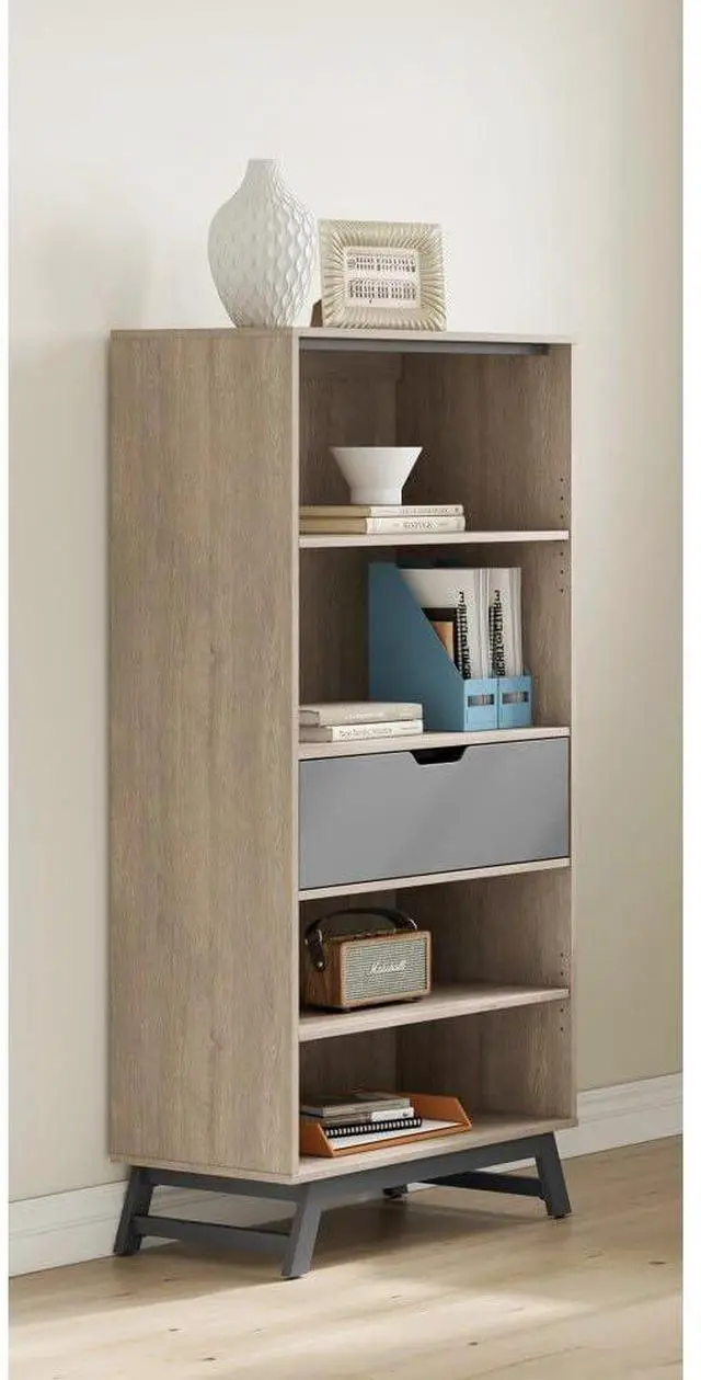 Main image of Realspace® Nashira 61"H 4-Shelf Bookcase With Drawer, Light Oak/Gray