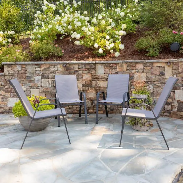 Alt view image 12 of 18 - 4 Pack Brazos Series Gray Outdoor Stack Chair with Flex Comfort Material and Metal Frame