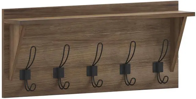 Alt view image 13 of 19 - Daly Wall Mounted 24 Inch Solid Pine Wood Storage Rack with Upper Shelf and 5 Hooks For Entryway, Kitchen, Bathroom, Rustic Brown