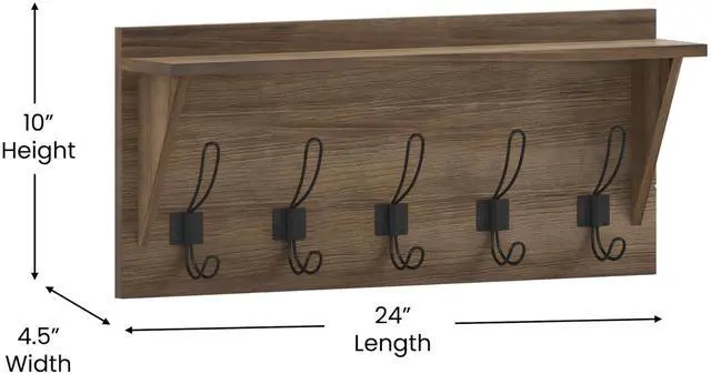 Alt view image 18 of 19 - Daly Wall Mounted 24 Inch Solid Pine Wood Storage Rack with Upper Shelf and 5 Hooks For Entryway, Kitchen, Bathroom, Rustic Brown