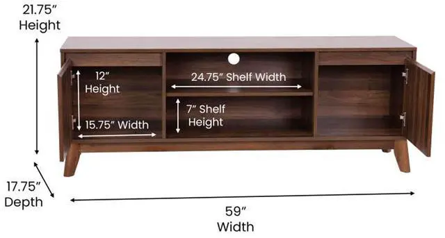 Alt view image 14 of 18 - Hatfield Mid-Century Modern TV Stand in Walnut for up to 64 inch TV's - 60 Inch Media Center with Adjustable Center Shelf and Dual Soft Close Doors
