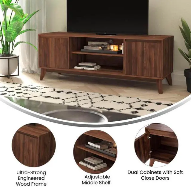 Alt view image 13 of 18 - Hatfield Mid-Century Modern TV Stand in Walnut for up to 64 inch TV's - 60 Inch Media Center with Adjustable Center Shelf and Dual Soft Close Doors