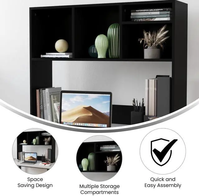 Alt view image 3 of 7 - Flash Furniture Lotus Desktop Bookshelf Organizer, Space Saving Bookshelf for Desktop with Multiple Cubby Spaces, Engineered Wood, 37" W, Black