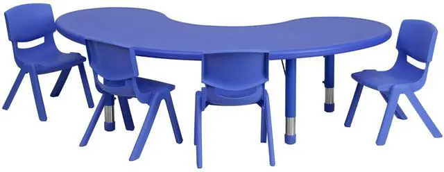 Alt view image 8 of 8 - 35''W x 65''L Half-Moon Blue Plastic Height Adjustable Activity Table Set with 4 Chairs