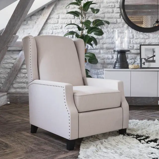 Alt view image 20 of 20 - Prescott Traditional Style Slim Push Back Recliner Chair-Wingback Recliner with Cream Fabric Upholstery-Accent Nail Trim