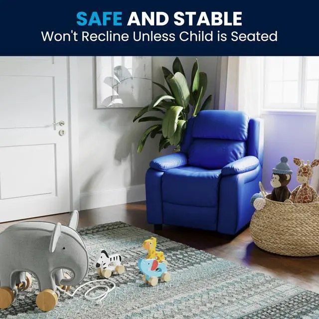 Alt view image 20 of 20 - Deluxe Padded Contemporary Blue Vinyl Kids Recliner with Storage Arms