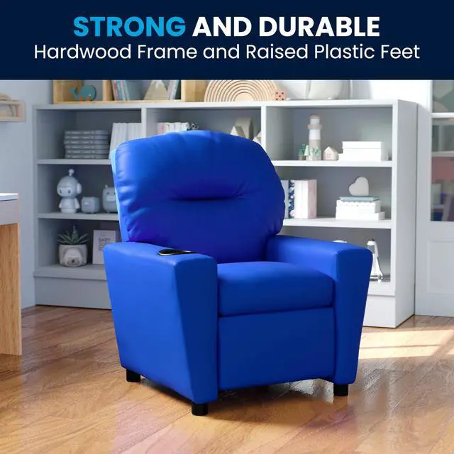 Alt view image 10 of 13 - Contemporary Blue Vinyl Kids Recliner with Cup Holder
