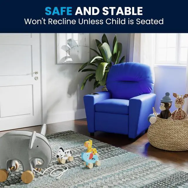 Alt view image 12 of 13 - Contemporary Blue Vinyl Kids Recliner with Cup Holder