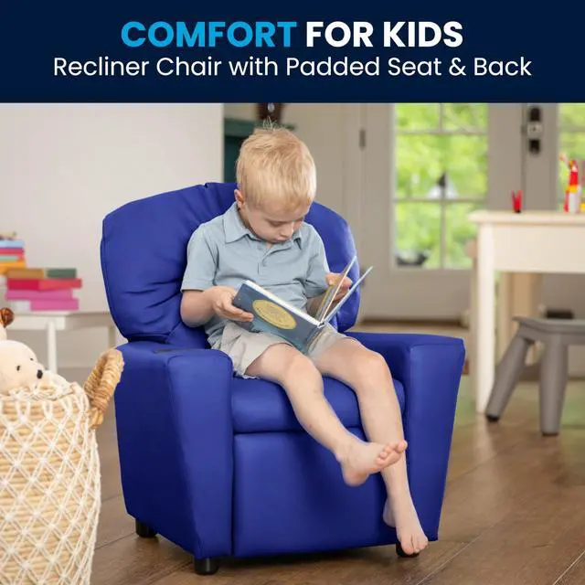 Alt view image 13 of 13 - Contemporary Blue Vinyl Kids Recliner with Cup Holder