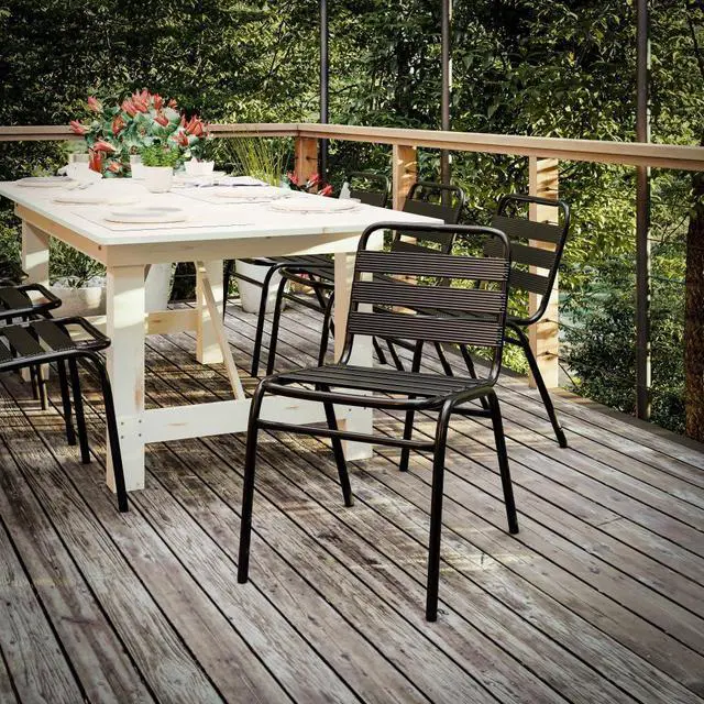 Alt view image 12 of 18 - Lila Commercial Black Metal Indoor-Outdoor Restaurant Stack Chair with Metal Triple Slat Back