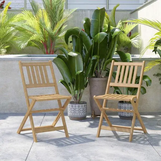 Alt view image 13 of 19 - Martindale Indoor/Outdoor Folding Acacia Wood Patio Bistro Chairs with X Base Frame and Slatted Back and Seat in Natural Finish, Set of 2