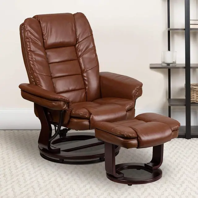 Alt view image 6 of 10 - Contemporary Multi-Position Recliner with Horizontal Stitching and Ottoman with Swivel Mahogany Wood Base in Brown Vintage Leather