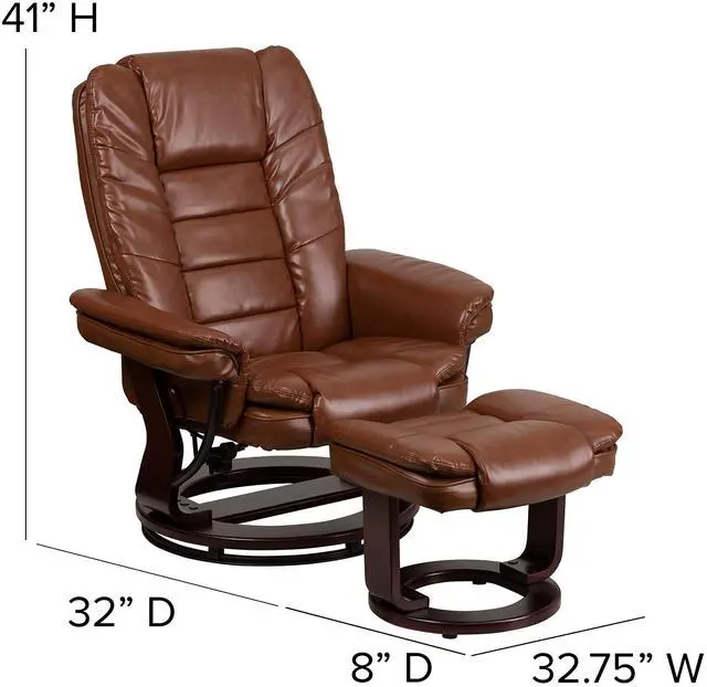 Alt view image 7 of 10 - Contemporary Multi-Position Recliner with Horizontal Stitching and Ottoman with Swivel Mahogany Wood Base in Brown Vintage Leather