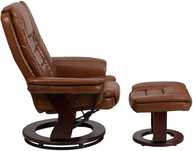 Alt view image 9 of 10 - Contemporary Multi-Position Recliner with Horizontal Stitching and Ottoman with Swivel Mahogany Wood Base in Brown Vintage Leather