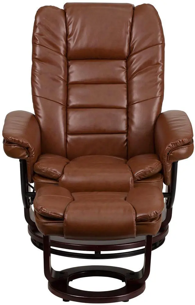 Alt view image 10 of 10 - Contemporary Multi-Position Recliner with Horizontal Stitching and Ottoman with Swivel Mahogany Wood Base in Brown Vintage Leather