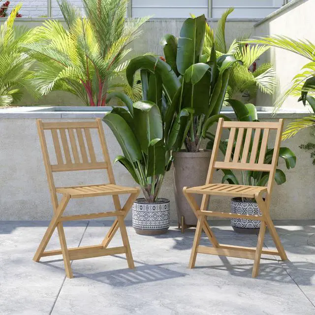 Alt view image 16 of 19 - Martindale Indoor/Outdoor Folding Acacia Wood Patio Bistro Chairs with X Base Frame and Slatted Back and Seat in Natural Finish, Set of 2