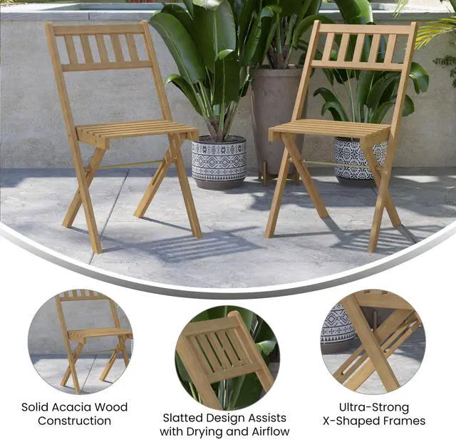 Alt view image 17 of 19 - Martindale Indoor/Outdoor Folding Acacia Wood Patio Bistro Chairs with X Base Frame and Slatted Back and Seat in Natural Finish, Set of 2