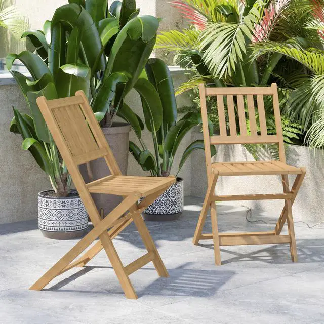 Alt view image 18 of 19 - Martindale Indoor/Outdoor Folding Acacia Wood Patio Bistro Chairs with X Base Frame and Slatted Back and Seat in Natural Finish, Set of 2