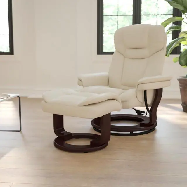Alt view image 9 of 15 - Recliner Chair with Ottoman | Beige LeatherSoft Swivel Recliner Chair with Ottoman Footrest