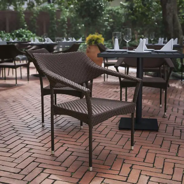 Alt view image 10 of 14 - Flash Furniture Jace 34"H Espresso PE Rattan Wicker Commercial Grade Stacking Patio Chair (TTTT002ESP)