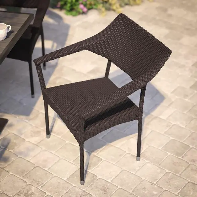 Alt view image 13 of 14 - Flash Furniture Jace 34"H Espresso PE Rattan Wicker Commercial Grade Stacking Patio Chair (TTTT002ESP)